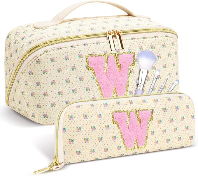 Personalized Travel Makeup Bag Set,Initial Travel Cute Floral Makeup Organizer Bag,Toiletry Skincare Cosmetic Bag,Christmas Gifts for Women/Girls,Open Flat Toiletry Pouch with Brush Pocket-W