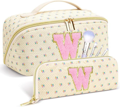 Personalized Travel Makeup Bag Set,Initial Travel Cute Floral Makeup Organizer Bag,Toiletry Skincare Cosmetic Bag,Christmas Gifts for Women/Girls,Open Flat Toiletry Pouch with Brush Pocket-W