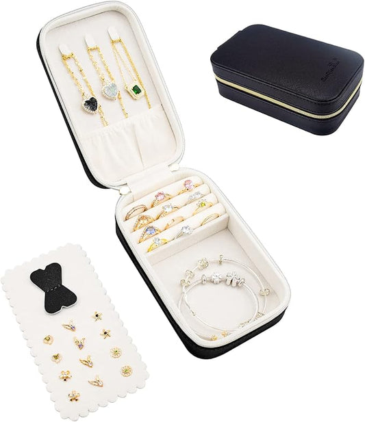 BONNY DODO Small Travel Jewelry Organizers Box for women with PU Leather Portable Mini Jewelry Case with compartments for Necklace Rings Earrings,Luxury Giftable boxes. (Black, M)