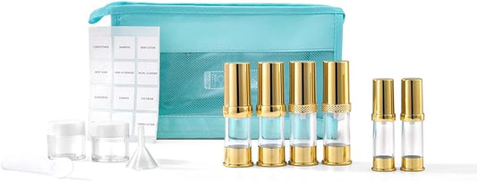 Golden Airless Pump Bottle Travel Set with Box Refillable Cosmetic Vacuum Pump Bottle Such as Hand Soap,Toner,Foundation,Hair Oil,Lotion and Cream (Golden, 5ml-10ml-20g)