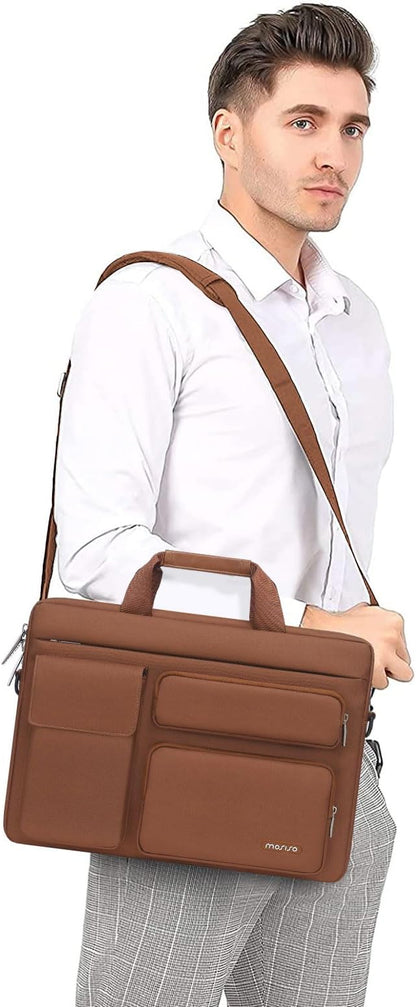 MOSISO Laptop Shoulder Bag 15.6 inch, 15-15.6 inch Computer Bag Compatible with MacBook Pro 16 inch, HP, Dell, Lenovo, Notebook with 2 Raised&1 Flapover&1 Horizontal Pocket&Handle&Belt, Caramel Brown