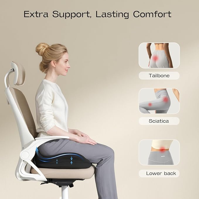 Seat Cushions for Office Chairs - Patented Coccyx Cushion for Tailbone Pain - 21.2" W x 16.5" L Memory Foam Extra Large Seat Cushion, Removable & Machine Washable Cover (Black)