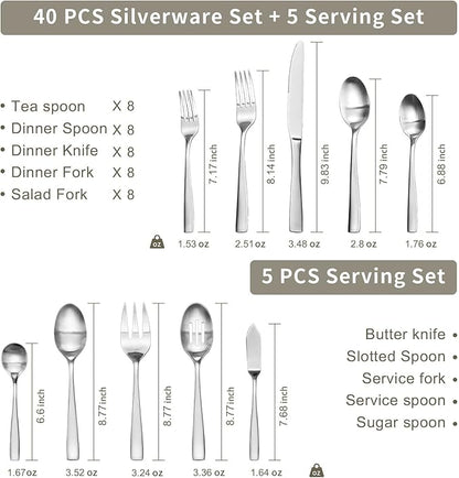 HIKAA Forged Silverware Set Stainless Steel Flatware Set,Service for 8,Matte Satin Polished Cutlery Set, with Serving Set and Metal Organizer (Matte Silver 45PCS)