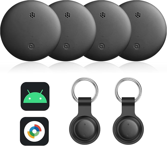VODESON Google Find My Device Tracker 2025 - IP67 Waterproof Android Key Finder with 350ft Range, 90dB Alarm & 12-Month Battery, 4 Pack for Luggage/Wallets/Bikes (No iOS)