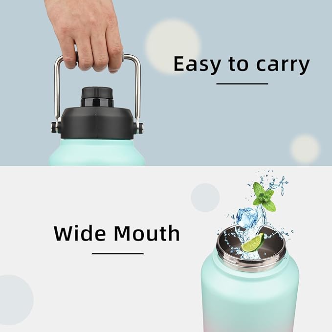 1 Gallon Jug with Handle,128 oz Insulated Water Bottle with Carrying Pouch,Double Wall Vacuum Stainless Steel Metal Bottle,Gum