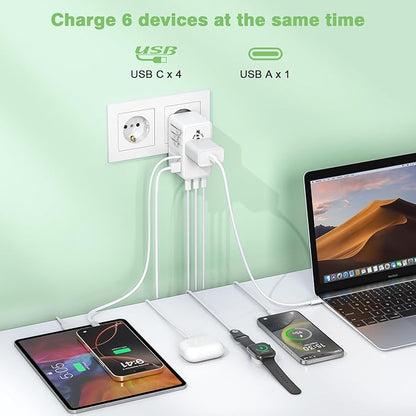 Universal Travel Adapter,35W 4 USB Port(3C/1A) International Power Adapter,European Travel Plug Adapter Retractable Type-C Cable+USB C 6FT Cable,Worldwide Plug Charger for EU UK USA AUS(Type C/G/A/I)