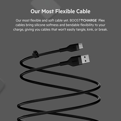 Belkin BoostCharge Flex Silicone USB-A to USB-C Cable (2M/6.6ft) for iPhone 16, iPhone 16 Pro, Galaxy S25, S24, Note, Pixel 9 & 8, Nintendo Switch 2, Carplay & More with Cable Clip - Black