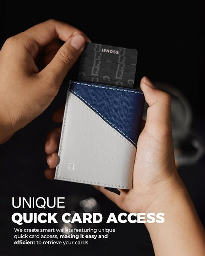 Jenoss Smart Wallet For Men: Full Grain Leather, Handcrafted, Slide Metal Pop Up Case, Slim RFID Blocking Credit Card Holder, Minimalist, Compact 12 Cards Slot Organizers, ID, Money Clip (Grey & Navy)