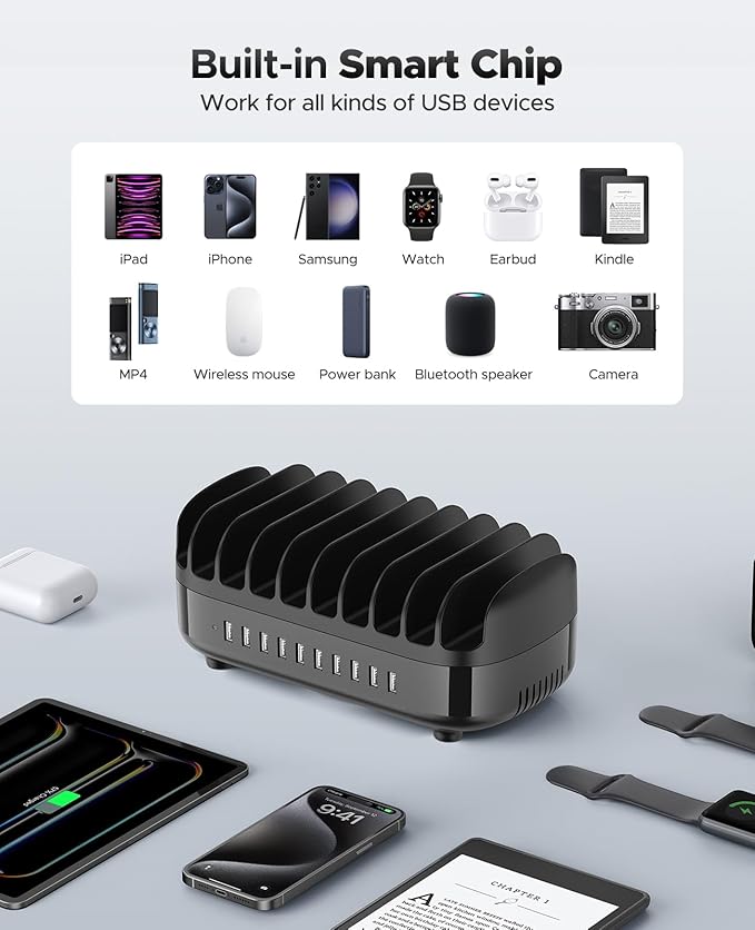 ORICO 120W Charging Station for Multiple Devices, 10-Ports USB Charging Docking Organizer with Cables, Multi USB Charging Station Compatible with iPad, Tablet, Kindle, Airpods and Cell Phone