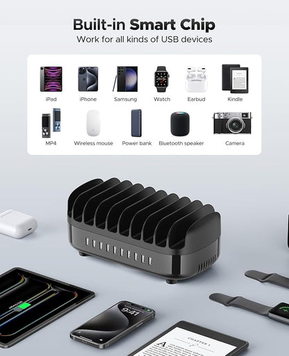 ORICO 120W Charging Station for Multiple Devices, 10-Ports USB Charging Docking Organizer with Cables, Multi USB Charging Station Compatible with iPad, Tablet, Kindle, Airpods and Cell Phone