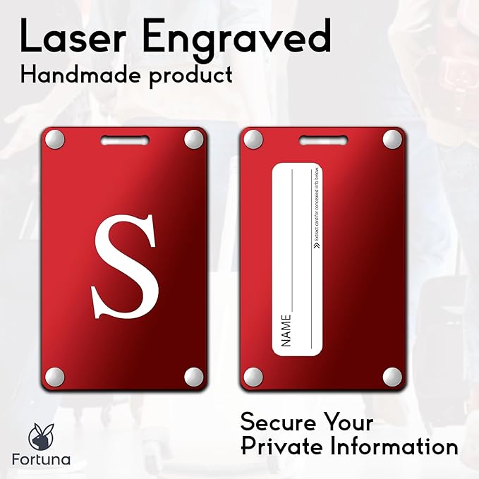 Premium 3-Layer Aluminum Luggage Tags by Fortuna - Easy to Claim, Laser-Engraved, Plastic-Free, and Eco-Friendly Luggage Tag Holders, 2-Pack, Red (S)