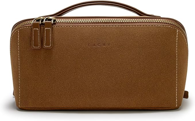 EACHY Travel Makeup Bag, Faux Suede Cosmetic Bags for Women,Large Capacity Portable Pouch Open Flat Toiletry Bag Make up Organizer with Divider and Handle