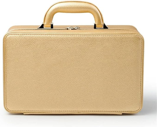 Oirlv Gold Leather Jewelry Box Handmade Travel Jewelry Organizer Storage Case Holder For Girl Lady Earring,Ring,Necklace,Pendant,Watch,Bracelet.(3 layers)