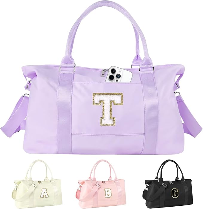Dance Gym Duffel Bag for Teen Girls, Personalized Initial Travel Weekender Bag,Cute Overnight Carry On Duffle for Women,Sports Travel Cheer Bag,Monogram Christmas Gifts for Tween Preppy(purple-T)