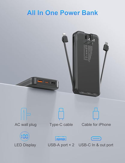 Portable Charger with Wall Plug, 12000mAh USB C Power Bank Fast Charging, External Battery Pack with Built in Cables, Digital Display, 5 Output 4 Input for iPhone Android Cell Phone Tablet