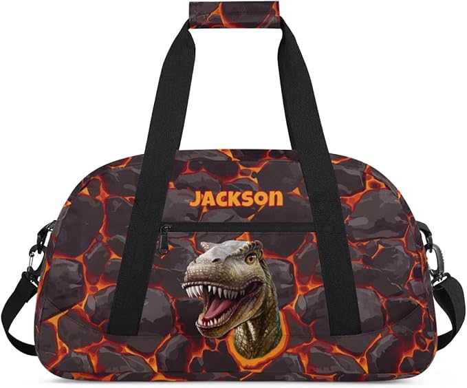 Personalized Duffel Bag for Kids Girls Boys, Scary Dinosaur Custom Name Gym Bag Overnight with Padded Handles Carry On Weekend Sports Travel Bag for School Practice Gymnastics Ballet