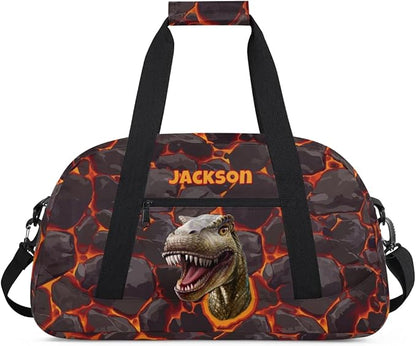 Personalized Duffel Bag for Kids Girls Boys, Scary Dinosaur Custom Name Gym Bag Overnight with Padded Handles Carry On Weekend Sports Travel Bag for School Practice Gymnastics Ballet