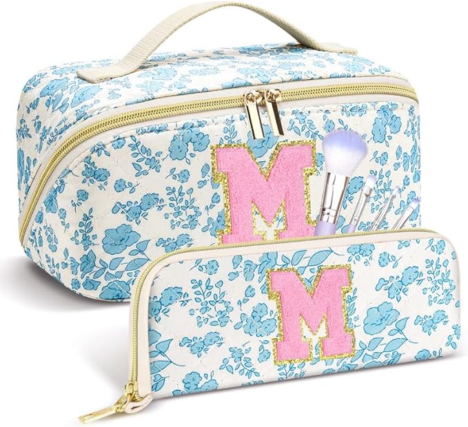 Personalized Travel Makeup Bag Set,Initial Travel Cute Floral Makeup Organizer Bag,Toiletry Skincare Cosmetic Bag,Christmas Gifts for Women/Girls,Open Flat Toiletry Pouch with Brush Pocket-M