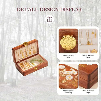 Travel Jewelry Case Small Wood Jewelry Organizer Jewelry Box for Women (Nut-Brown Print)