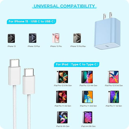 【Apple MFi Certified】20W USB C Fast Charger iPhone 17 16 15 Charge Block 3Pack 6 FT TypeC Fast Charger Cable for iPhone 17/17 Pro/17 ProMax/iPhone 16/16 ProMax/15 Plus All USB C Charging Devices(Blue)