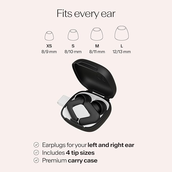 Alpine Silence Earplugs for Sleep, Focus & Travel - V-Shape Snug Fit & Soft Oval Tips – 4 Sizes XS/S/M/L - Comfortable, Reusable Hearing Protection - up to 25dB – Black