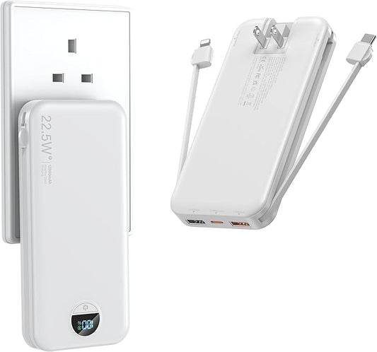 Portable Charger with Wall Plug, 12000mAh USB C Power Bank Fast Charging, External Battery Pack with Built in Cables, Digital Display, 5 Output 4 Input for iPhone Android Cell Phone Tablet