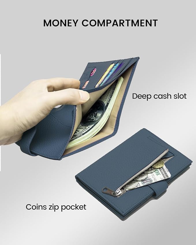 RFID Slim Passport Holder for Man & Women, Compact Leather Passport Wallet with Card Holders SIM Slots, Zippered Coins Pocket and Cash Holder Travel Passport Cover Case, Dark Blue