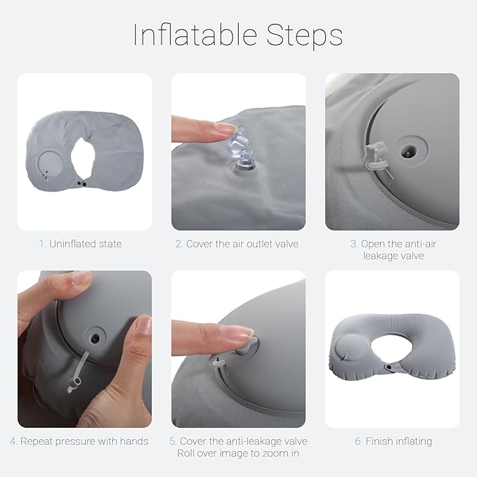 Cozi Neck Pillow for Traveling,Adjustable Travel Neck Pillow Airplane 100% Pure Memory Foam Travel Pillow with Inflatable Travel Pillows for Sleeping Long Flight Portable Plane Accessories Light Gray