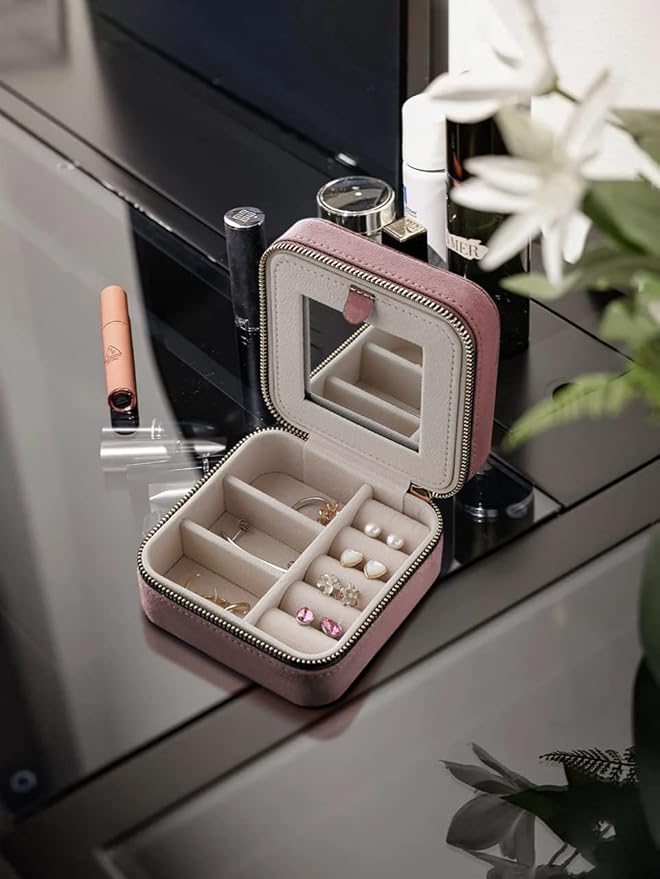 S.Leaf Travel Jewelry Organizer Boxes for Women Small Portable Necklace Earrings Bracelet Rings Travel Case Best Friend Birthday Gifts for Women Trendy (05_Suede_Touch_Dust_Pink)