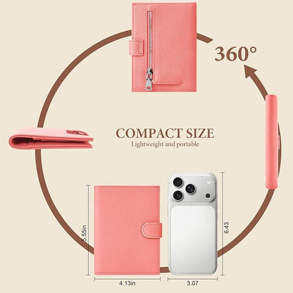 Genuine Leather Passport Holder for Women Men, Hidden Airtag Pocket, RFID Blocking, Zippered Coins Pocket & Cash Compartment Travel Gifts Essentials Passport Cover Case - Hot pink