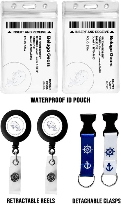 Cruise Luggage Tags Essentials 4 Sets with Zip Seal and Steel Loops + 2 Cruise Lanyard Detachable ID Holder Badge + 4 Cruise Cabin Magnetic Hooks (27lbs) - Royal Caribbean Set (10, Narrow Tags Set)
