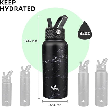32 oz Insulated Water Bottle Stainless Steel Sport Bottles with 3 Lids,Marble Midnight