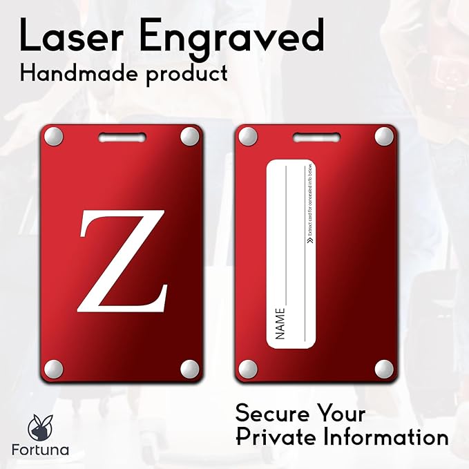 Premium 3-Layer Aluminum Luggage Tags by Fortuna - Easy to Claim, Laser-Engraved, Plastic-Free, and Eco-Friendly Luggage Tag Holders, 2-Pack, Red (Z)