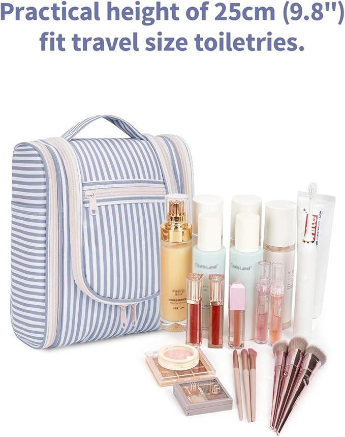 Narwey Small Striped Hanging Travel Toiletry Bag for Women, Travel Bag for Toiletries, Makeup Bag Organizer Cosmetic Bags Make Up Bags for Women (Greyish Blue Stripe)
