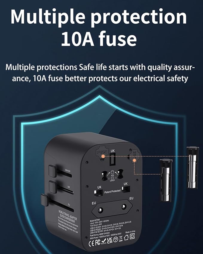 GaN 45W Universal Travel Adapter, International Power Adapter with 5-Port PD Fast Charging (2 USB-C, 2 USB-A, 1 AC) - 100V-240V Travel Adapter Worldwide Plug for US EU UK AUS Asia (Type A/C/G/I)