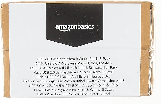 Amazon Basics 5-Pack USB-A to Micro USB Charging Cable, 480Mbps Transfer Speed with Gold-Plated Plugs, USB 2.0, 6 Foot, Black