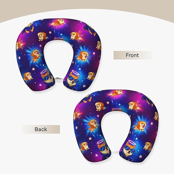 Breathable Neck Pillow for Sleeping Rest Nap Purple Galaxy Space Shiba Inu Doge, Airplanes/Car/Home Memory Foam Travel Cushion with Polyester Cover Washable for Women Men