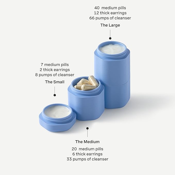 Cadence Travel Containers - 6 Piece Body Care Set - Magnetic Travel Capsules for Women/Men - 2 Small & 4 Medium Capsules - Lotion, Body Wash, Sun Icon, Hand Cream, Lotion, Body Oil Labels - Eucalyptus