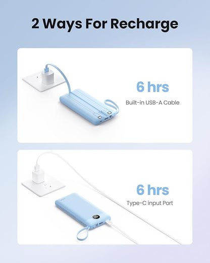 10000mAh Portable Charger, Slim Power Bank with Built-in Cables, Battery Pack 5 Outputs 2 Inputs LED Display Compatible with iPhone/Android & More (Blue)