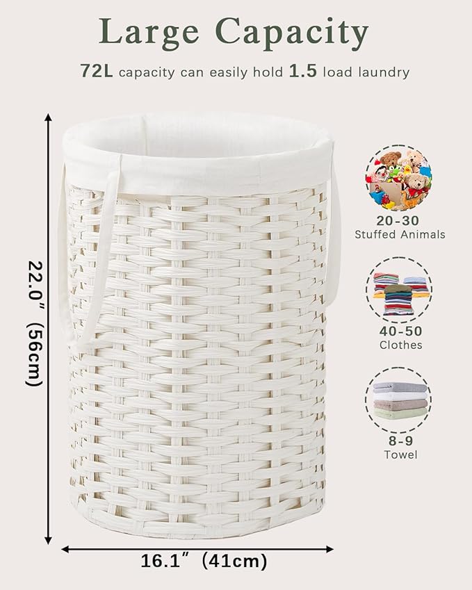 Laundry Hamper Laundry Basket Round 19.0 Gal (72 L) Handwoven Rattan Laundry Basket, Large Wicker Laundry Hamper with Removable Laundry Bag Handles 2 Mesh Bags for Bedroom Living Room White
