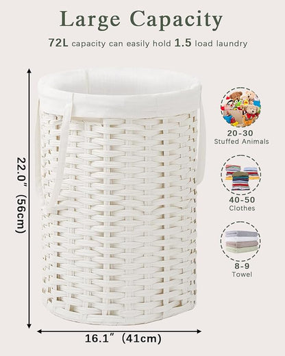 Laundry Hamper Laundry Basket Round 19.0 Gal (72 L) Handwoven Rattan Laundry Basket, Large Wicker Laundry Hamper with Removable Laundry Bag Handles 2 Mesh Bags for Bedroom Living Room White