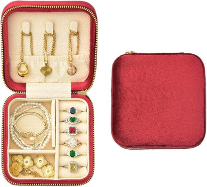 TAIMY Travel Jewelry Case, Small Plush Velvet Jewelry Box for Women and Girls, Portable Jewelry holder organizer for Rings Earrings Necklaces Bracelets(Burgundy)