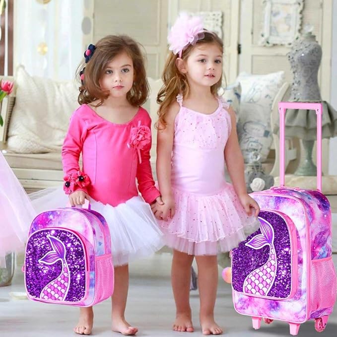 2PCS Kids Luggage, Suitcases for Girls, Carry on Rolling Luggage with Wheels, 18" Toddler Suitcase Set 12" with Sequin Backpack - Pink Mermaid
