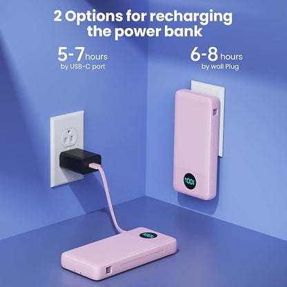 Portable Charger 33800mAh USB C Power Bank with Built-in Cables & AC Wall Plug,25W Fast Charging+QC 4.0 Phone Charger,4 Output Travel Essentials Battery Pack for iPhone16/15/14/13,Samsung,Android etc