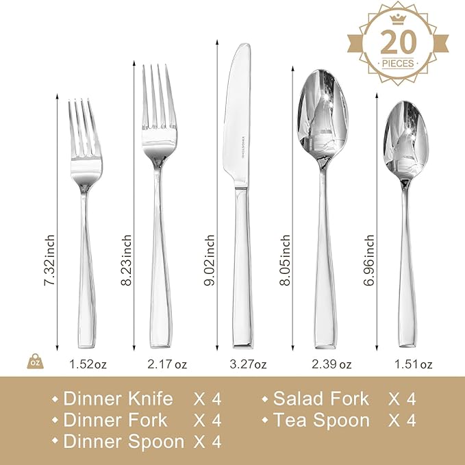 KINGSTONE Mirror Polish Silverware Set for 4, 20-Piece 18/10 Stainless Steel Flatware Set, Dishwasher Safe Cutlery Set for Wedding, Home, Restaurant, Knives Spoons and Forks Set