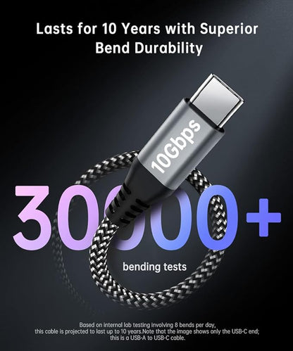 Long USB to USB-C Data Cable [10FT, 2Pack], USB 3.2 Gen 2 to Type C Cord 10Gbps Hi-Speed Sync 3.1A Fast Charge for iPhone 16/15 Pro Max, Samsung Galaxy S23/S22, Car Charger, Dash Cam, PS5 Controller
