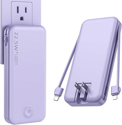 22.5W Super Fast Charging Portable Charger with Wall Plug,12000mAh USB-C Power Bank Built-in 2 Cable, Lightweight Phone Charger Travel Battery Pack for all iPhone, Samsung, Tablets