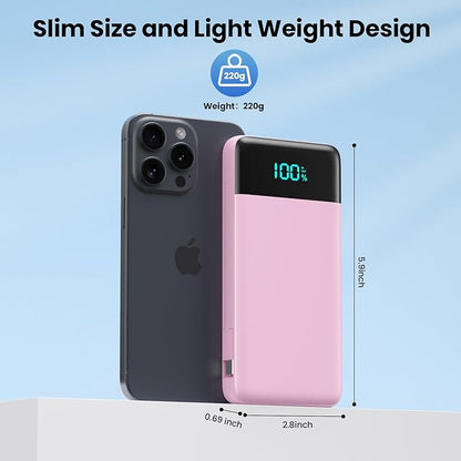 Portable Charger for iPhone with Built in Cables and Wall Plug,Upgraded 13800mAh Fast Charging USB C Power Bank,4 Outputs Travel Essential Battery Pack Compatible with iPhone 17/16/15/14,Samsung-Pink