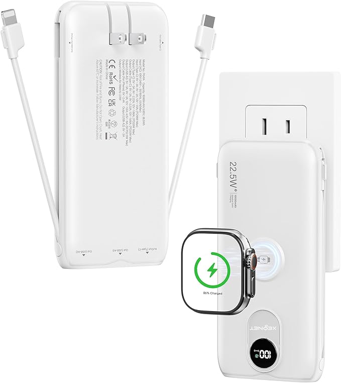 Portable Charger, 10000mAh 22.5W Fast Charging Power Bank with Built in Cable & Wall Plug, Travel Essential Battery Pack with LED Display, External Charger for iPhone, iWatch 11/10/9/8/Ultra/SE White