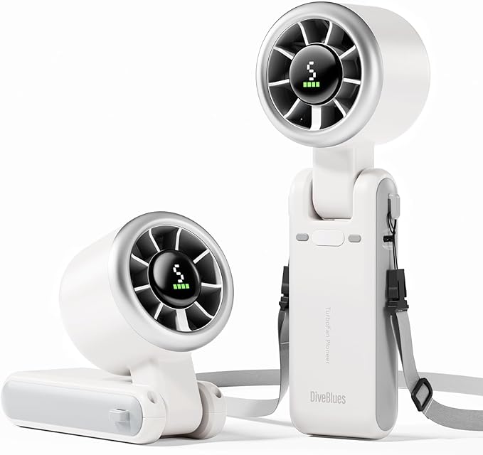 Diveblues Portable Handheld Turbo Fan, 5 Gear Wind, Battery Operated, Up to 12 Working Hours, 3 IN 1 Hand Fan with Air Turbo Tech Cooling Fan for Outdoor Activities, Travel, Working, Silvery white